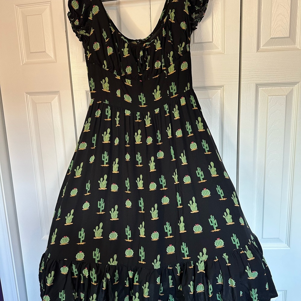 Collectif Black Retro Dress with Green Cactus Design